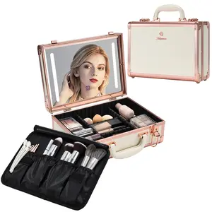 Travel Makeup Case with LED Mirror Hard Shell Vanity Case for Cosmetics Portable Makeup Organizer Box with Adjustable Divider Makeup Brush Holder Storage