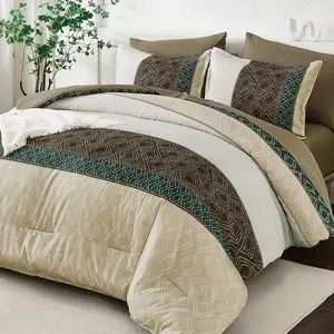 Comforter Set Khaki Boho,7  Bed in a Bag  Size Striped Summer Bedding Sets Comforters with Plaid Light Brown Bed Set with Sheets for Women
