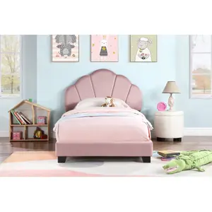 Upholstered Twin Size Platform Bed for Kids, Wooden Bed Frame with Slatted Bed Base, No Box Spring Needed, Cute Bed Frame with Shell Design Headboard for Girls Boys Teens, Pink-W1998124486