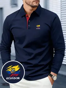 Men's Long-Sleeve Shirt, Casual Graphic Shirt, Fitted Ecuador Geometric Pattern with National Flag Print Design, Breathable & Soft Fabric, All-Season Comfort, Suitable for Outdoor Sports & Daily Wear, Casual Shirt for Mature Men