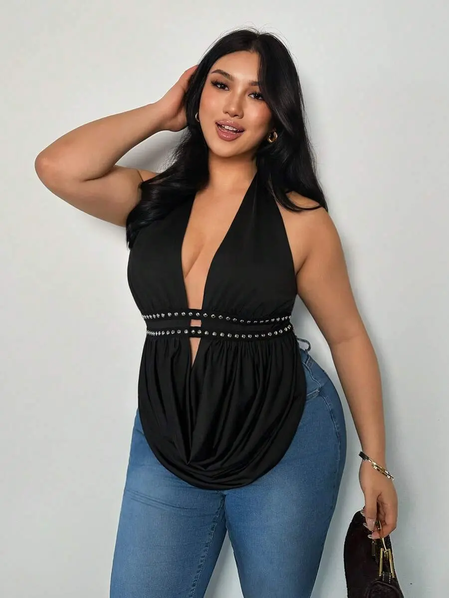 Plus Size Women Deep V-Neck Sexy Fashion Halter Neck Camisole Black Top Vest For Women Casual Vest Party Top Vest For Women