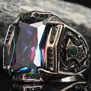 Huge Rainbow Mystic Topaz Men's Ring – Vintage Turkish Gothic Green Emerald Pavé Statement Ring