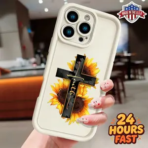 Faith Sunflower Cross Minimalist Phone Case For iPhone 11 12 13 14 15 16 17 Pro Max Plus, Slim Lightweight Shockproof Protective Cover, Classic Stylish Design, Made In USA