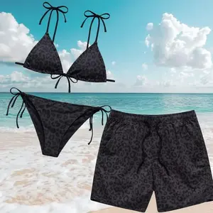 Black Leopard Print Couples Swimwear Set – Triangle Bikini & Hawaiian Shorts, Summer Beach Pool Party Outfit, Comfy Loose Cheetah Style Matching Set