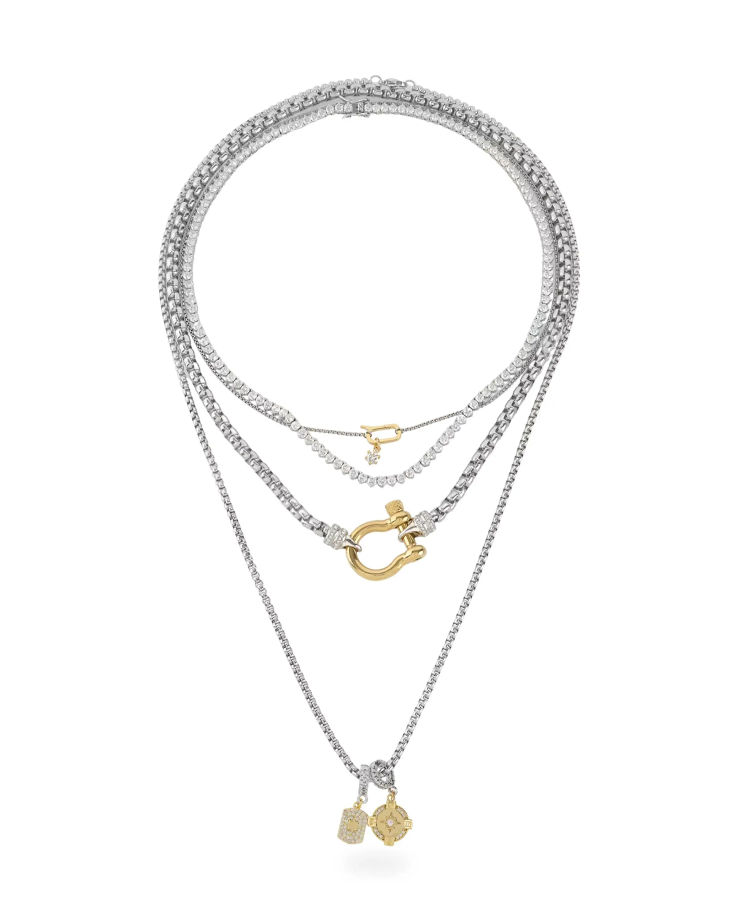 Artizan Joyeria Herradura Signature 4-Piece Layered Set - Gold & Rhodium Plated, Tennis Style, Clip-On Charms, Tarnish Free Chain, Elegant Dainty Fashion Necklace Gift, Layering Chain