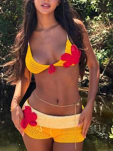 two-piece set women's flower decor halter crop top & colorblock shorts, fashion hollow out tie back top & shorts for beach holiday vacation, ladies summer clothes, bathing suits, colorblock bikini set