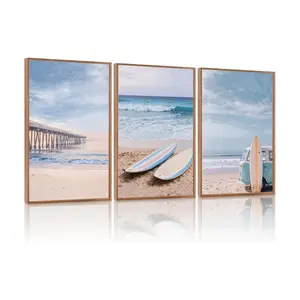 3pcs Coastal Seascape Canvas Wall Art Unframed ,Modern Ocean Beach Wall Decor,Seaside Holiday Surfboard Canvas Paintings,Vintage Bridge Blue Bus Art Prints for Living Room Bedroom Office