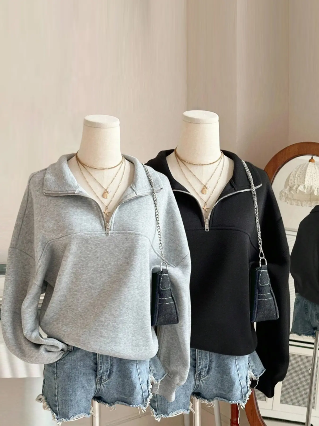 Autumn Winter Comfortable Loose-Fit Long Sleeve Collared Pullover Hoodie, Casual Zipper Design for Outdoor Daily Wear, Thicker Fabric for Fall & Winter Seasons, Sweatshirts, Womenswear