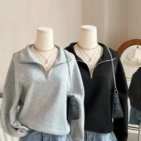 Autumn Winter Comfortable Loose-Fit Long Sleeve Collared Pullover Hoodie, Casual Zipper Design for Outdoor Daily Wear, Thicker Fabric for Fall & Winter Seasons, Cozy Fall Pullover, Sweatshirts, Womenswear