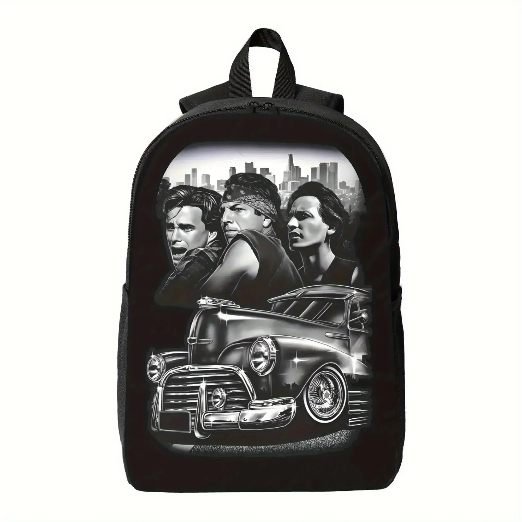 Youth Polyester Vatos Locos Backpack - Large-Capacity Black Daypack with Adjustable Shoulder Straps, Durable Zipper Closure, Bold Vintage Car & Cityscape Graphic Print for School, Travel