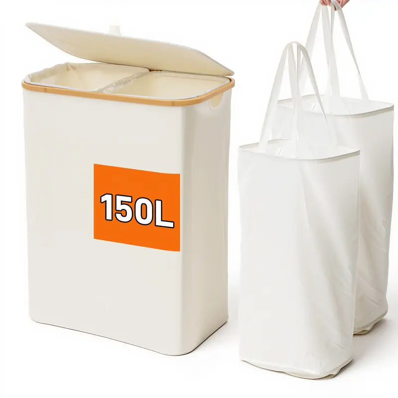 GARPROVM Sturdy Double Standalone Laundry Basket Sorter with Lid - 150L Capacity Dorm/Home Organiser, Bamboo Handles, Foldable, 2 Removable Polyester-Oxford Liners, Iron-Compatible (Beige)