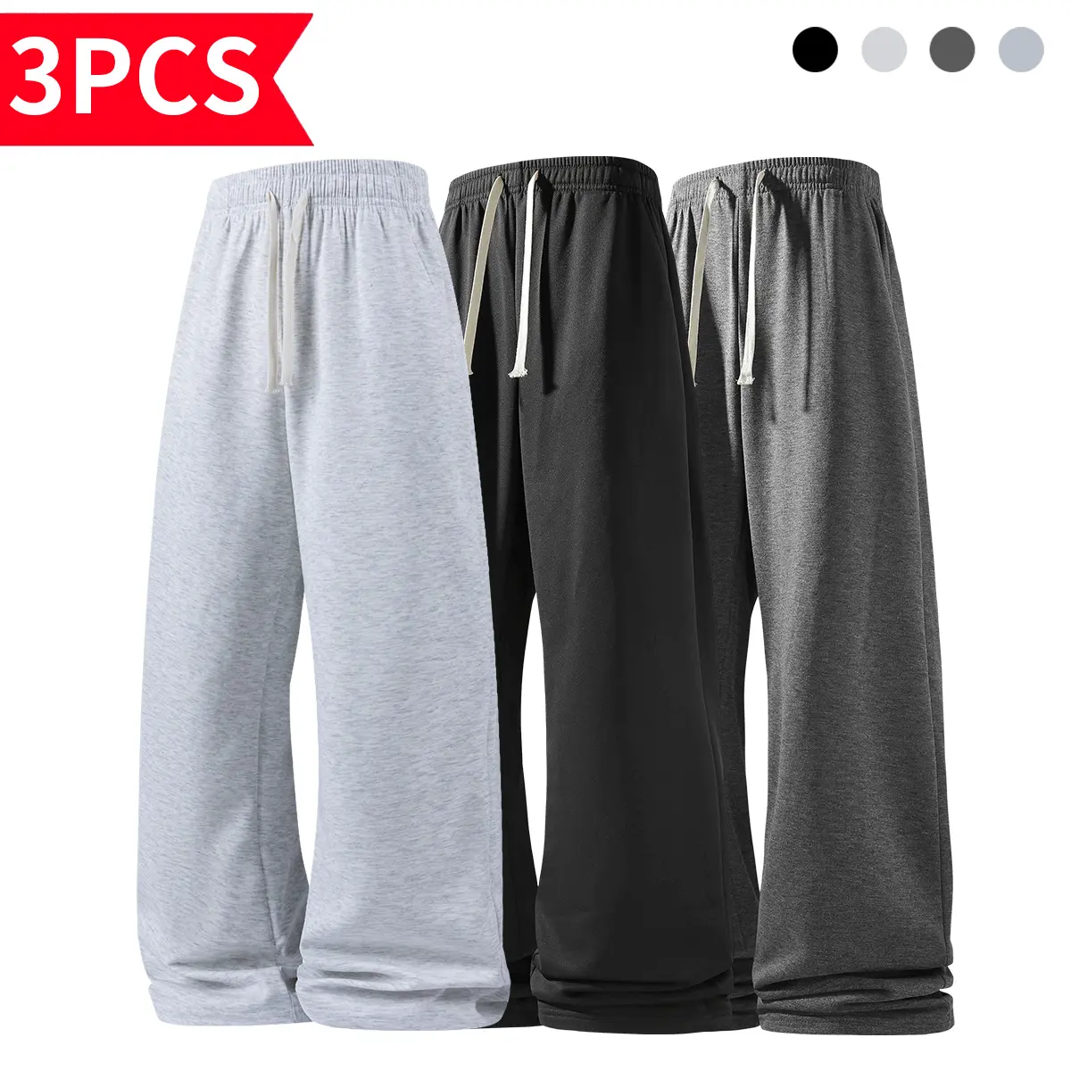 Men's Everyday Polyester Pants, Multi-Color Options (Black, Dark Grey, Light Grey, Off-White), Lightweight & Non-Iron, Drawstring Waist with Zipper Fly, Straight Leg Cut, for Office, Walk or Chill – Practical & Clean
