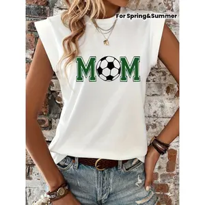 Women'S "MOM" Soccer Graphic Tee - Casual Sleeveless Round Neck T-Shirt for Spring & Summer, White with Green Lettering & Soccer Ball Design, Ladies T Shirts