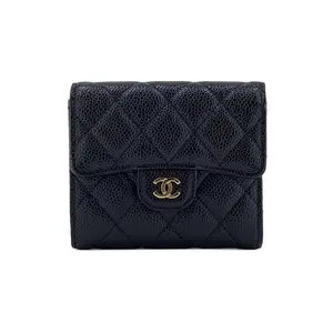 Chanel Classic Flap Quilted Short Gold-Tone Button Calfskin Handheld Wallet for Women in Black