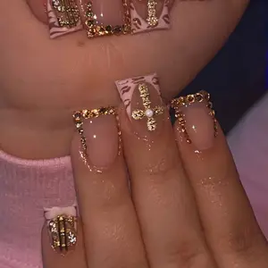 24pcs Leopard Print Fake Nails, French Rhinestone Cross Design, Easy Press-On Manicure Set, Perfect for Parties and Daily Wear