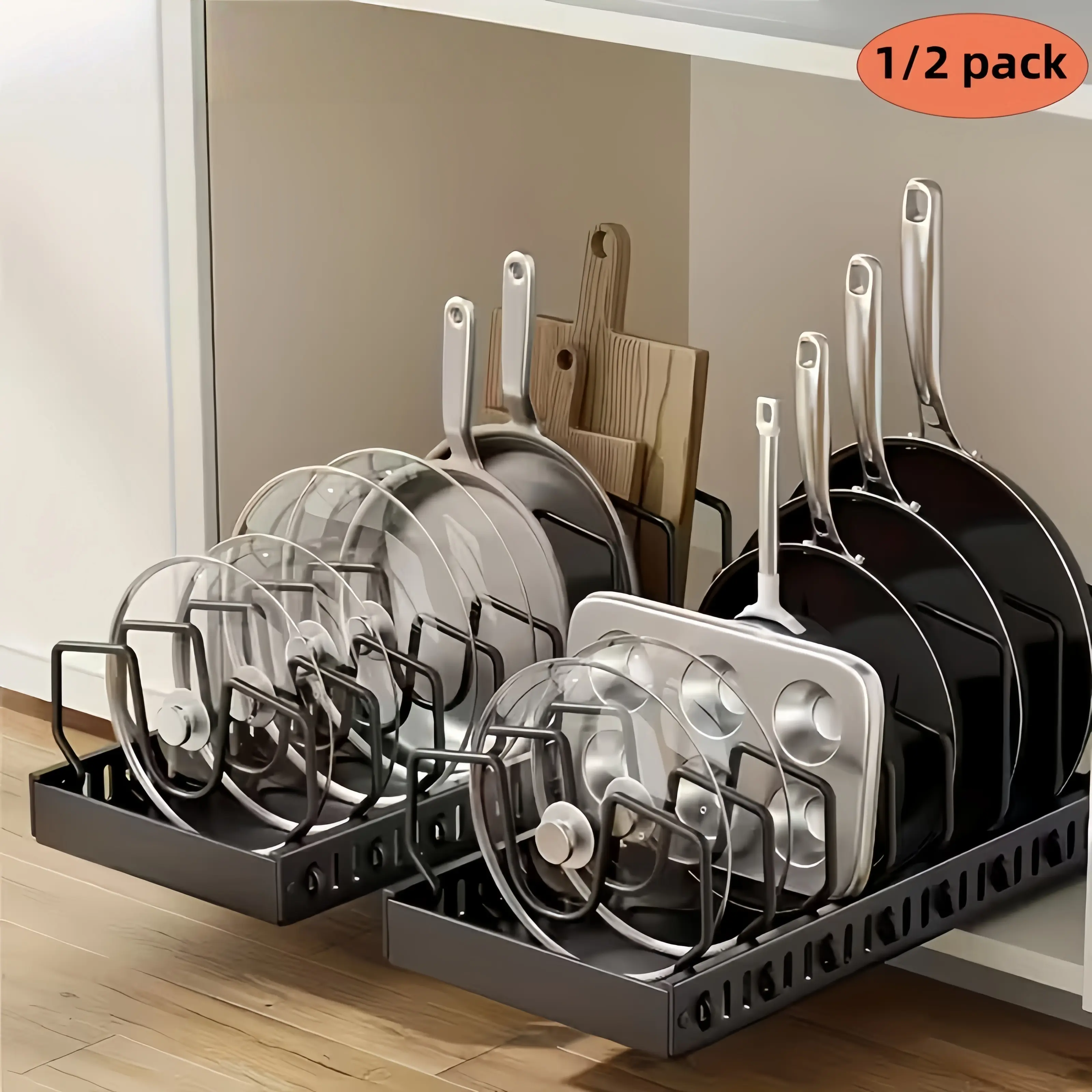 1/2 Set pull-out cabinet storagerack with 8 adjustable shelves,expandable kitchen storage rackframe, with dividers - for storingpots, pans, lids, baking utensils(black)