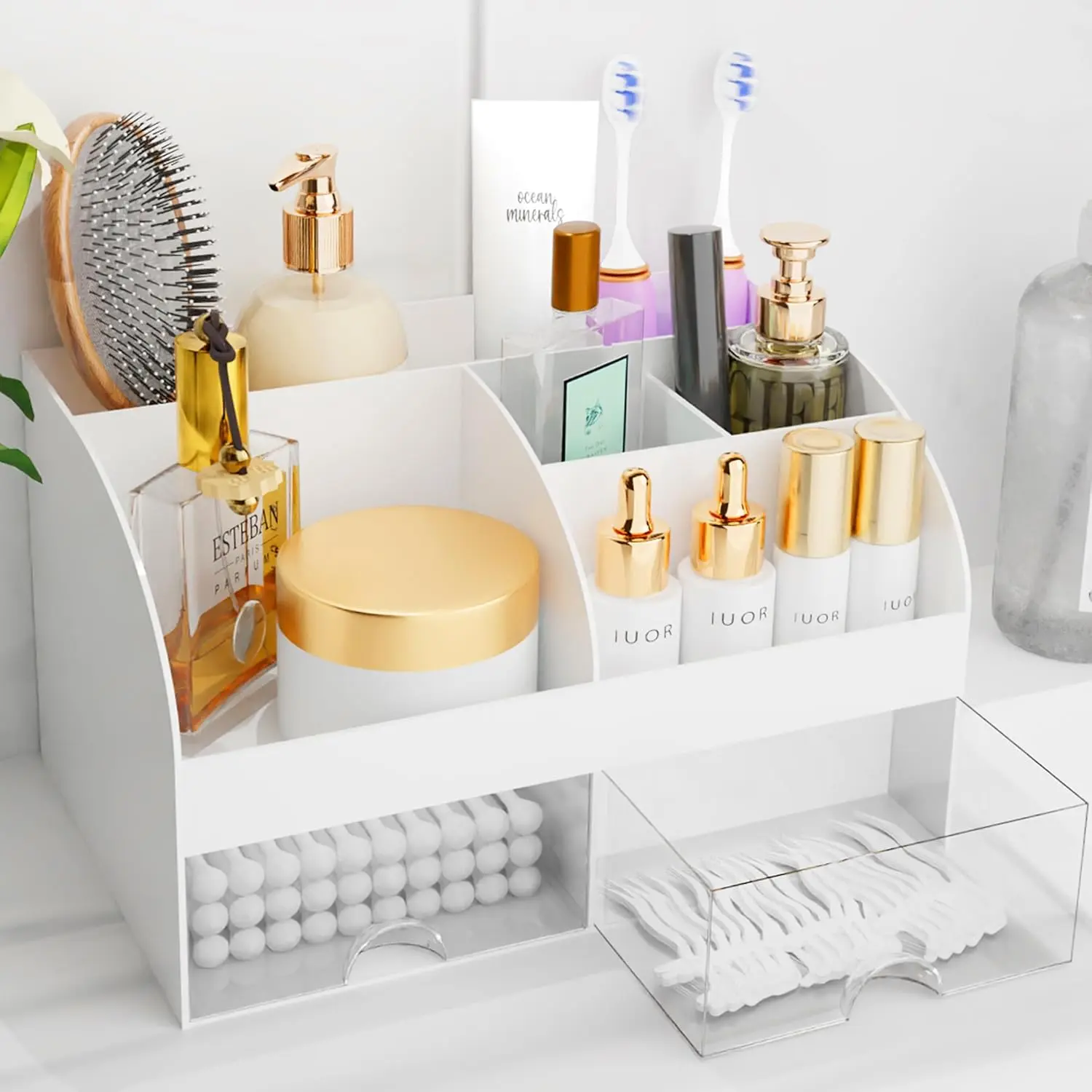White ABS Plastic Cosmetic Organiser with Drawers - Transparent ABS Beauty Organization Solution for Dresser Organization, Vanity, and Bathroom Countertop Storage of Lipsticks, Brushes, and Skincare Products, Boxes, Abs Plastic Cosmetic Organisers