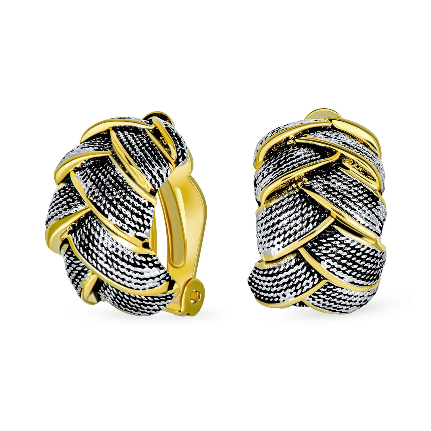 Half Hoop Shrimp Style Two Tone Woven Cable Braided Dome Weave Clip On Earrings Silver Gold Plated