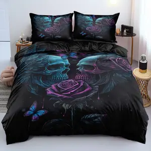 2/3pcs 3D Print Violet Rose & Skull Duvet Cover Set Gothic Butterfly Motif Black Background Bedding Set Dark Romance Comforter Cover Set Bedroom Bedding Set (Size 135x200 Only 1 Pillowcase)