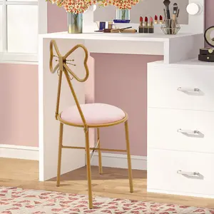 Small Pink Velvet Butterfly Vanity Chair with Golden Frame, Bow Tie Design, Modern Makeup Stool for Dressing Table, Girl's Room Decor