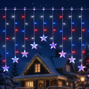 Patriotic Red White Blue Curtain String Lights | 9.8ft 118 LED Star Icicle, Battery Operated Batteries Not Included, Connectable with Timer for Home Yard Decor