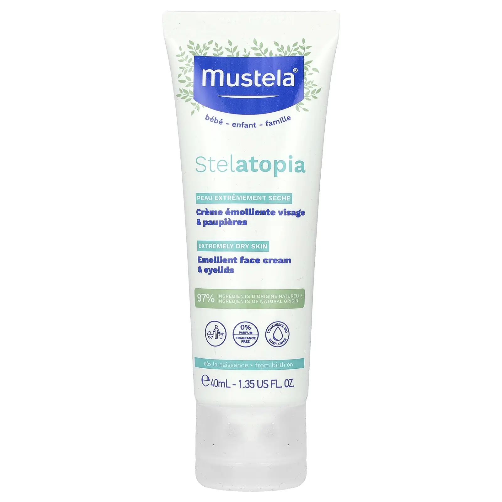 Mustela Stelatopia Emollient Face Cream & Eyelids, Fragrance Free, 1.35 fl oz (40 ml) | HSA/FSA Eligible