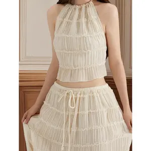 Women's Party Outfit - Tie-Up Sleeveless Halter Top, Backless Pleated design, Machine Washable Formal Evening Tops for Club, Beach, Dinner Party - Elegant Women's Vest, Party Dress, Beachwear Essentials, Flowy Fabric, Club Wear, Easy Care, Summer Wardrobe