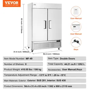 VEVOR Commercial Freezer 44.21 Cu. ft, Reach In 54.4 W Upright Freezer 2 Doors, Auto-Defrost Stainless Steel Reach-in Freezer with 8 Adjustable Shelves, -13 to 5 Temp Control, LED Lighting, 4 Wheels