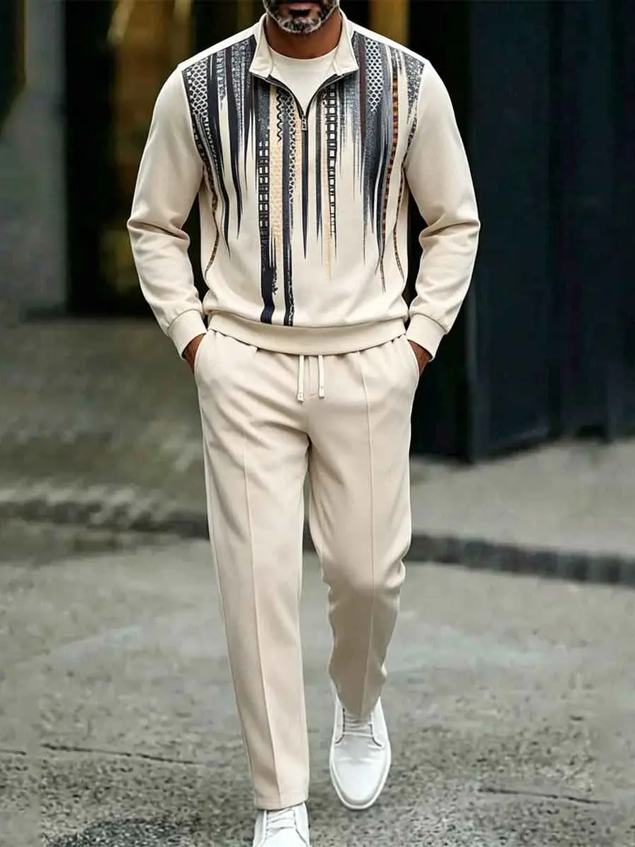 Men's 2-Piece Half-Zip Stand Collar Tracksuit - Cream Solid with Vertical Abstract Geometric Print Chest Sweatshirt, Straight Drawstring Jogger Pants - Soft, Anti-Pilling Quiet Luxury Outfit for Mature Gentleman, Spring Fall Daily Commute