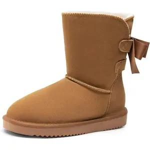 Dream Pairs Women's Winter Snow Boots with Bow Genuine Suede Leather Faux Fur Lining Memory Foam Warm Winter Short Booties for Outdoor Indoor