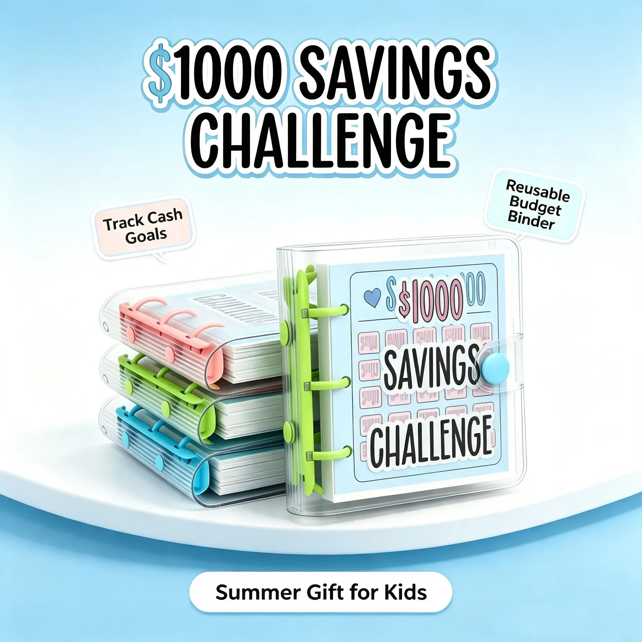 1000 Dollar Savings Challenge Book | Clear Cover Track Cash Goals Reusable Budget Binder Planner Notebook, Build Better Financial Habits & Stay Organized, Office Stationery Supplies， Perfect Summer Holiday Gift for Kids