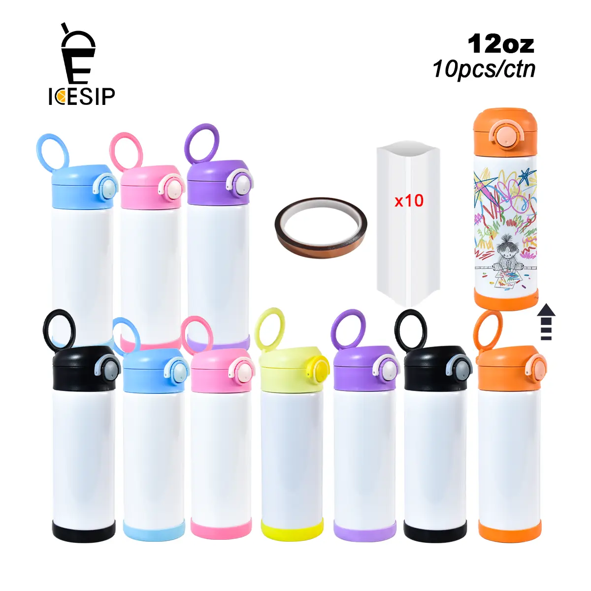 Icesip Sublimation Blank Stainless Steel Water Bottle Tumbler - 10pcs/ctn, 12 oz, Mixed Color Lids, Reusable Portable Travel Bottled Drinkware with Shrink Film & Rubber Bottom for UV Printing DIY
