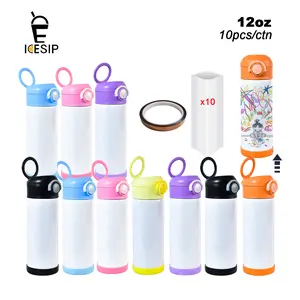 Icesip 10pcs/ctn 12 OZ Sublimation blank mixed color lids kids sports water bottle tumbler for sublimation UV pringting DIY with shrink firm  and rubber buttom Travel Bottled Drinkware Glossy Steel