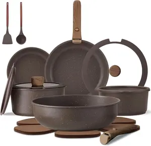 CAROTE 17PCS Pots and Pans Set Non Stick with Detachable Handle, Nonstick Cookware Sets, Cooking Kitchen Set, Oven/Dishwasher Safe, Induction Cookware, Brown, RV Kitchen Pot and Pan