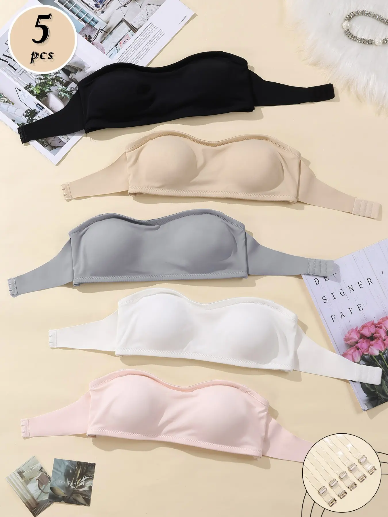 5 Pack Value Wireless Non-Slip Strapless Bandeau Bras, Full Coverage Bra, Underwear, Everyday, Basic, Chic, Elegant, Stay Up All Day No Slipping, Seamless No Show, Removable Pads, Multi Colors For Daily Rotation
