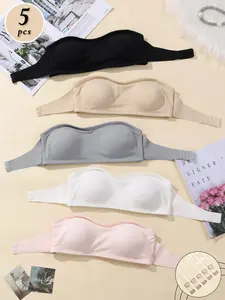 5 Pack Value Wireless Non-Slip Strapless Bandeau, Stay Up All Day No Slipping, Seamless No Show, Removable Pads, Multi Colors For Daily Rotation