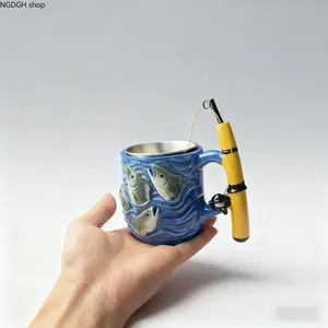 Fishing-Themed Resin Mug with 3D Fishing Rod & Fish Design, Durable Stainless Steel Liner Coffee Cup, Funny Coffee Mug,Durable & Unique, Great for Fishing Trips and Camp Use
