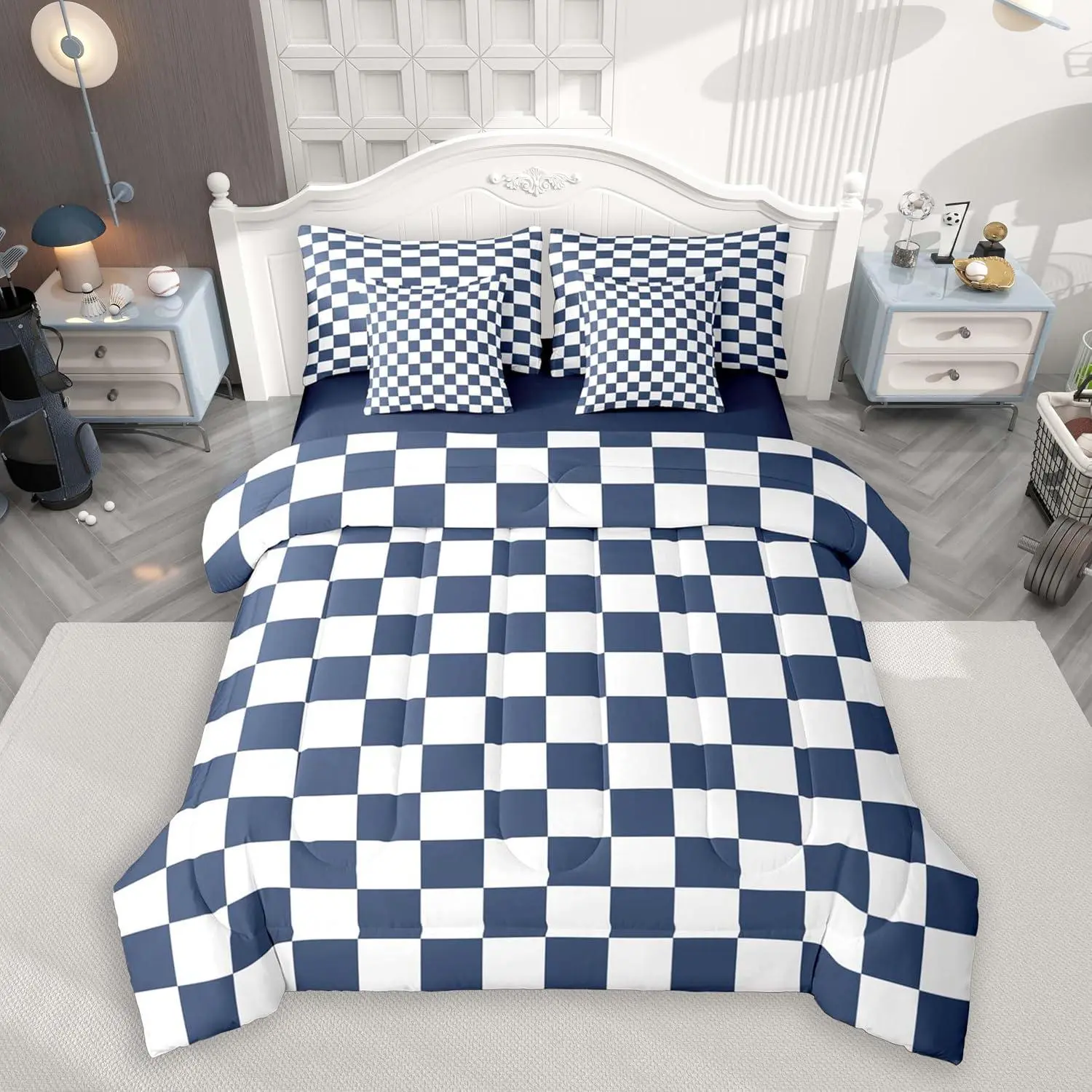 Feelyou Plaid Navy 7-Piece Comforter Set for Adults - Checkered Grid Geometric Bed-in-a-Bag with Fitted Sheet, Pillowcases, Bed Sheets Set, Twin/Full Size Bedroom Decor