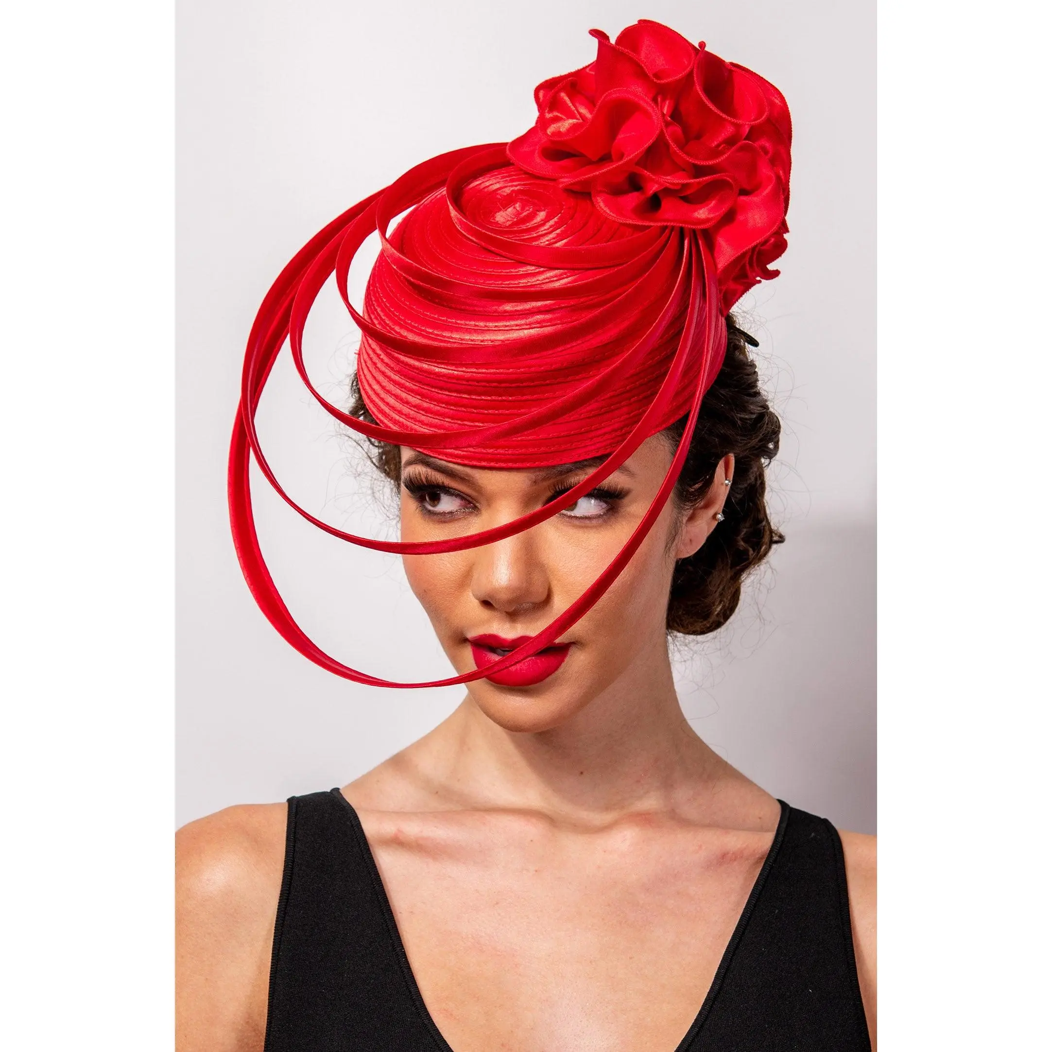 SP Sophia Collection Handmade Classic Scarlett Ribbon Flower Pillbox Braid Hat, Charm Playful Design with Floating Ribbon Loops