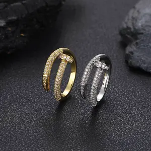 Vintage Nail Ring Zircon Turnable Ring with Simple Punk Fashion Chain, Hip Hop Style, Streetwear Matching Summer Jewelry Accessory Triple Sided Cz Statement Multi Ring Stacking Ring Set