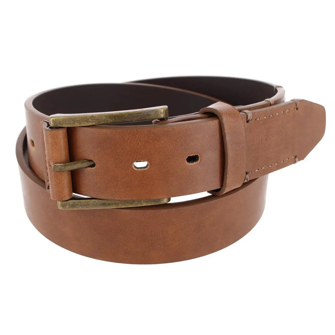 London Fog Supply Men's 38mm Burnished Edge Faux Leather Belt - Heavy Duty, Hand Stitch, Hand Lace Detail, Cognac Brown Casual Jean Belt