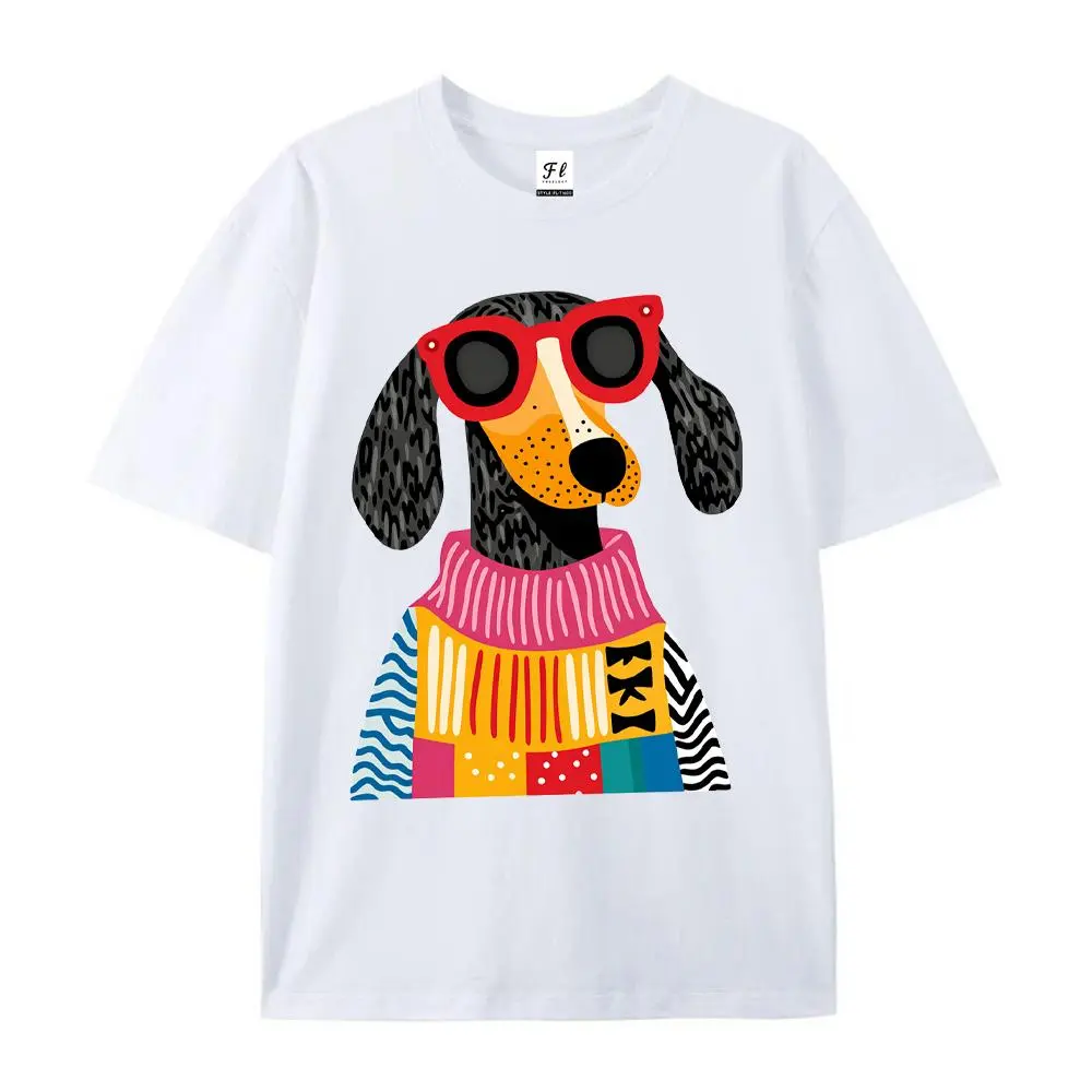 Women's T-Shirt with Dachshund Sunglasses Graphic | Smooth Lightweight 100% Combed Cotton | Short Sleeve Style, Made in USA