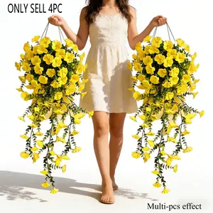 4 Large-Sized Spring Yellow Trumpet Flower Simulated Morning Glory Decorations, Artificial Plant Hanging Flowers, Faux Flowers | Decorated with Bright Flowers And Eucalyptus Leaves | No Required | Maintenance-Free Artificial Flowers