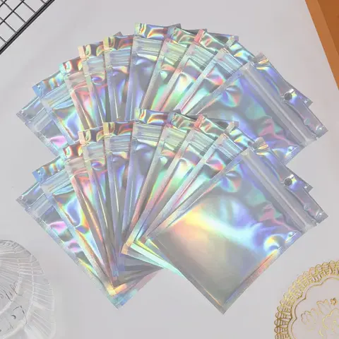 100 pcs Holographic Rainbow Zipper Bags, Reusable Laser Foil Transparent Plastic Zipper Pouches for Organizing with Hang Hole for Jewelry, Cosmetics and Gifts, Clear Plastic Bag, Zipper Storage Bag