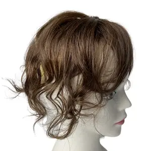 Wavy Hair Bangs 100% Human Hair Toppers with Side Part Bangs Clip In Hair Extensions Brazilian Straight Hairpieces for Women Short Curly Hair Invisible Glueless Hair Toupees 10inch Light Brown Color 35g