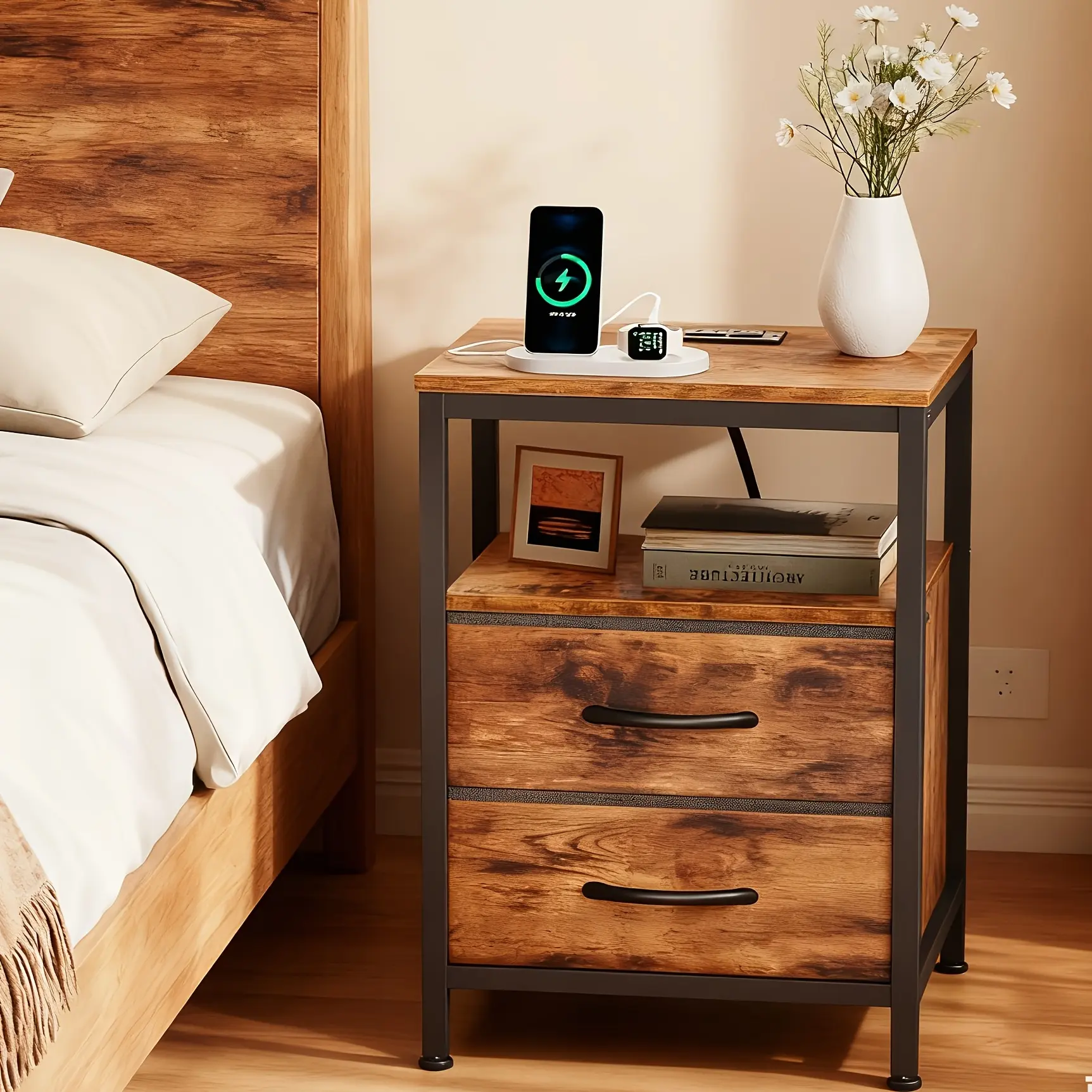 1/ 2P Bedside Table with Quick Charge USB/ Type-C Ports - Space Saving Floating Nightstand with 2 Adjustable Drawers& Built-in Socket, Ideal for Modern Bedrooms