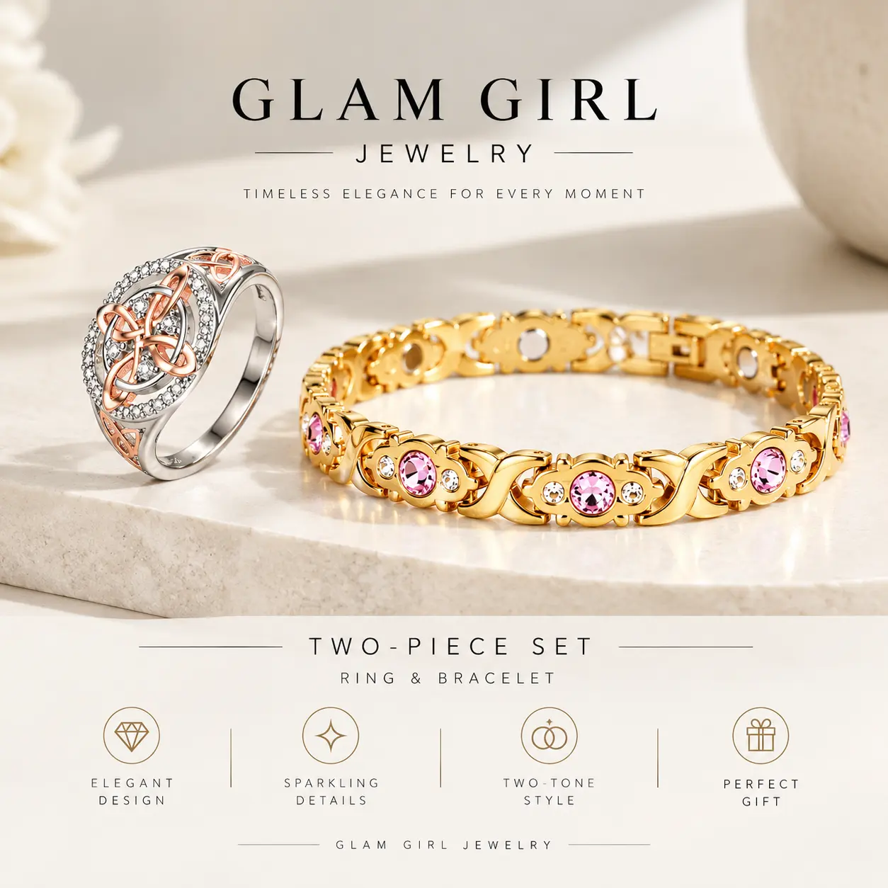 Female Fashionable Bangle and Ring Set, Women's 2-Piece Costume Jewelry - Gold-Tone Link Bangle with Pink, Clear Rhinestones, 2-Tone Interwoven Knot Ring for Everyday Wear, Gifting bracelets for women friendship bracelets rings for women