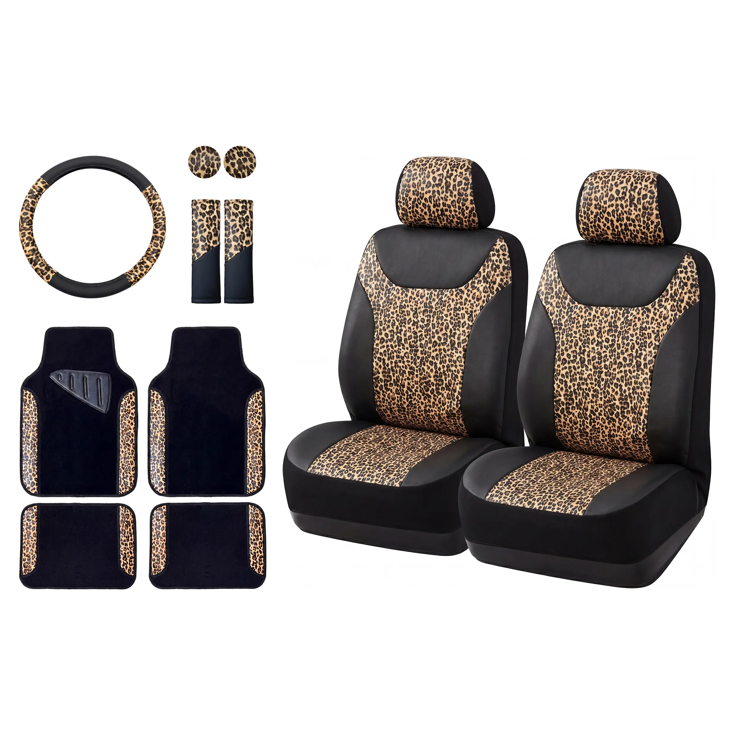 Leopard Print Car Seat Covers Front Seats Set, PU Leather Universal Fit Seat Protector with Steering Wheel Cover, Floor Mats, Seat Belt Pads & Cup Mats, Stylish Auto Interior Accessories for Cars SUV Truck