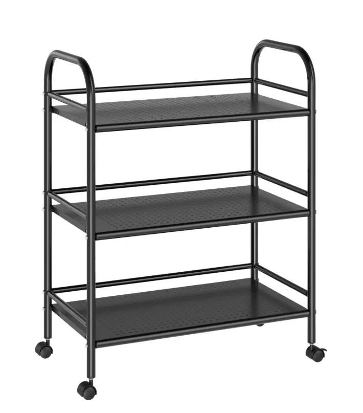 Cshidworld 3-Tier Metal Rolling Cart, Heavy Duty Multifunctional Metal Frame with 2 Lockable Wheels, Storage Rack Kitchen Cart with Shelves for Home Office Kitchen Bathroom Bedroom, Black