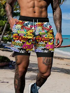 Men's Pop Art Comic Text Print Dual-Layer Quick-Dry Shorts, Cartoon Graphic Shorts, Elastic Drawstring Casual Beach Gym Shorts, Summer Street Style